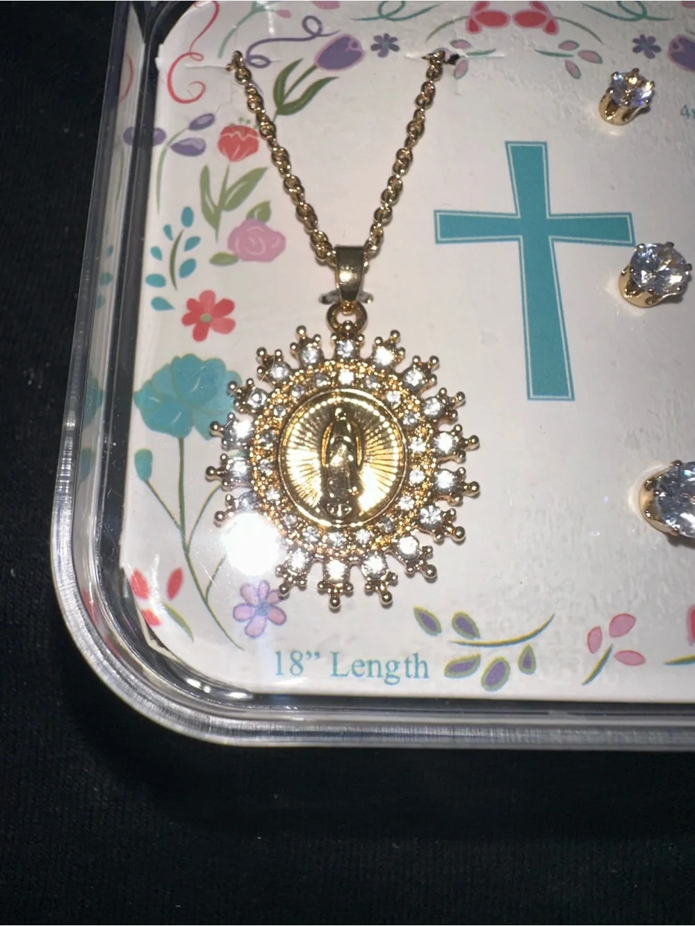 Sunburst Praying Hands Pendant Necklace & CZ Stud Set — Gold Tone, 18